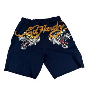 SOLD***Y2k Ed Hardy Fleece Shorts Tiger Logo Script Navy Blue Men’s Size Med